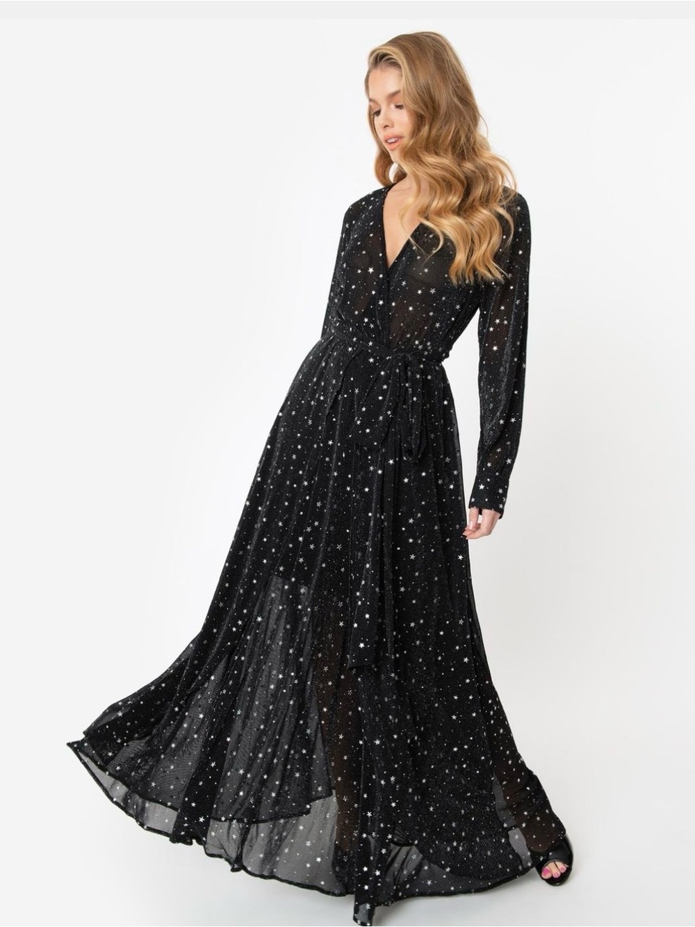 Unique vintage Black Star Print Maxi Farrah Dress Women’s size XL/2X celestial